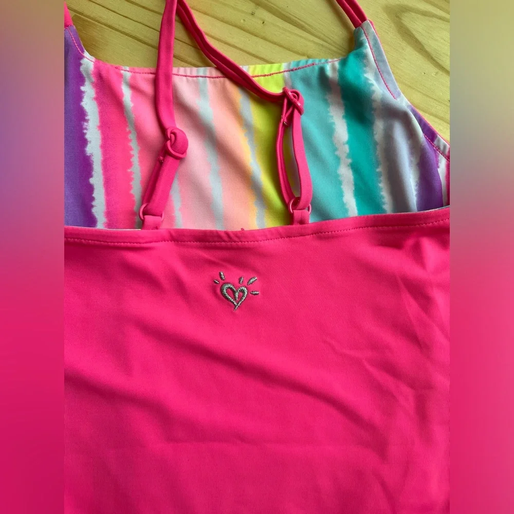 Girls Bright Pink & Rainbow Stripe Reversible Justice Swim Suit Sz 10/12